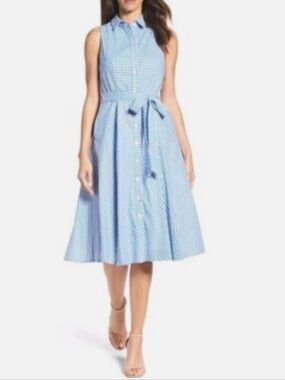 Chetta B Blue and White Gingham Checked Midi Shirt Dress Size 14